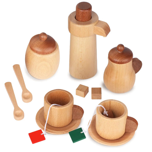 WHOHOLL Wooden Tea Set for Little Girls Natural Wood Toys Tea Party Set Kids Tea Set for Toddlers 1-3 Baby Play Tea Cup Set for Pretend Play Play Kitchen Accessories with Storage Bag